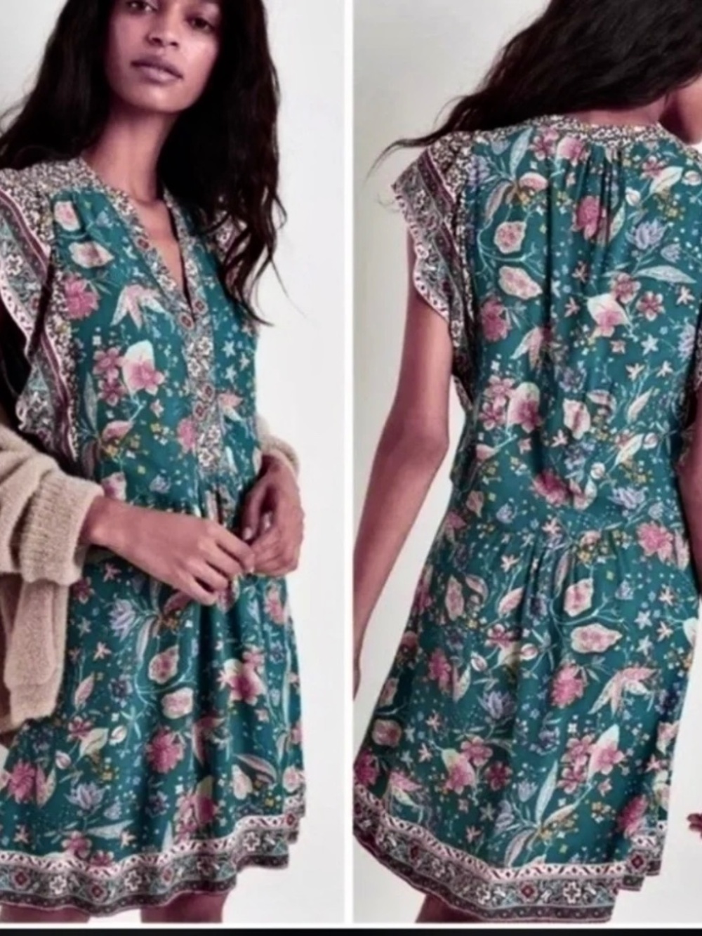 Anthropologie Zenia Green Floral Dress size Small S EUC